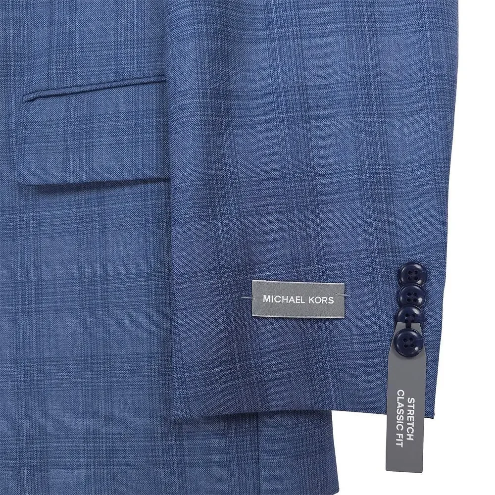 Michael Kors Mens Classic Fit Suit Jacket Blazer 40S Blue Plaid Stretch Wool NWT